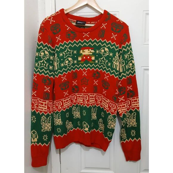 Super Mario mens large ugly Christmas sweater red green - Picture 1 of 7